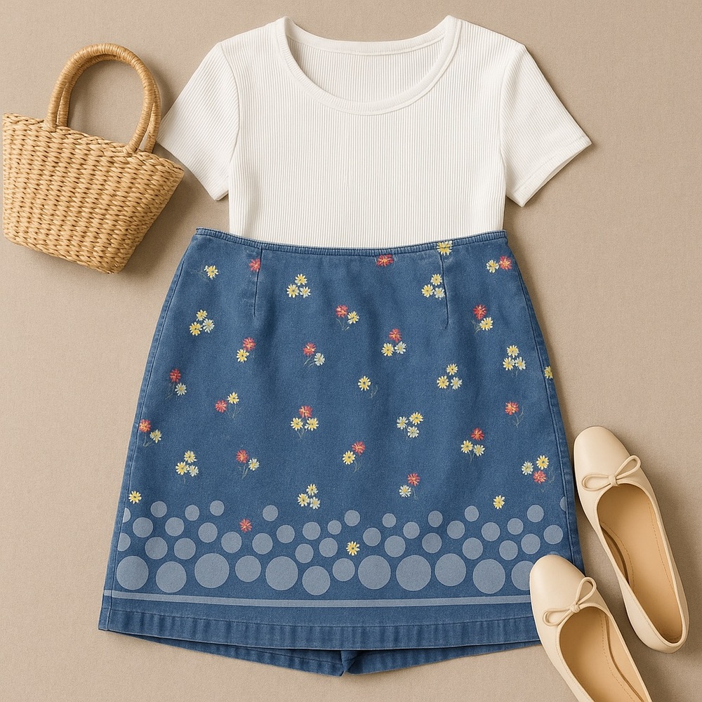 Liz Claiborne Vintage Denim Skort Floral Daisy Print Petite 2